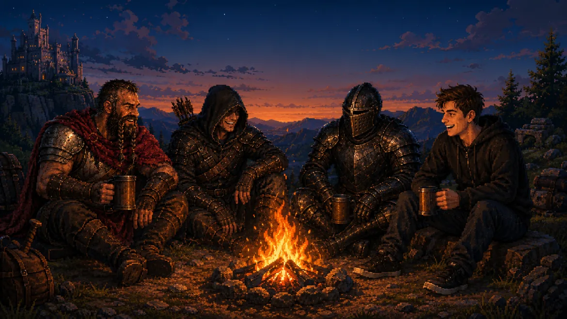 Four men gathered around a fire near a fortress at dusk