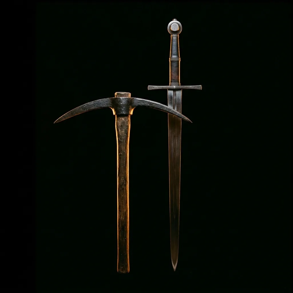 A pickaxe and an inverted sword standing side by side